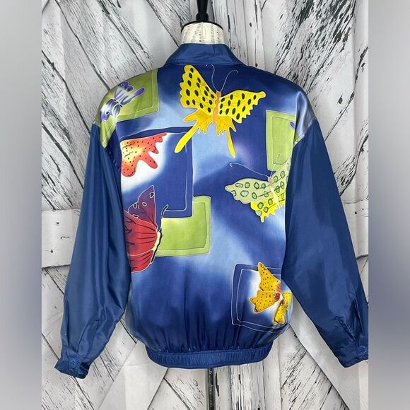 Vintage 80s Mureli Jacket 100% Silk Butterflies Moths Blue S - Picture 2 of 14